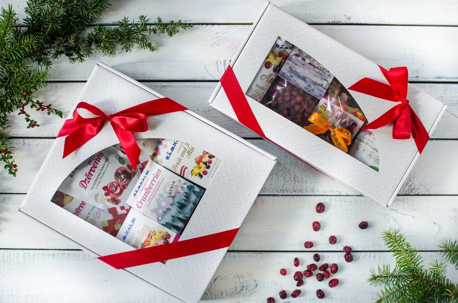 A Christmas gift set featuring Ramkalni health and beauty products, decorated in red.