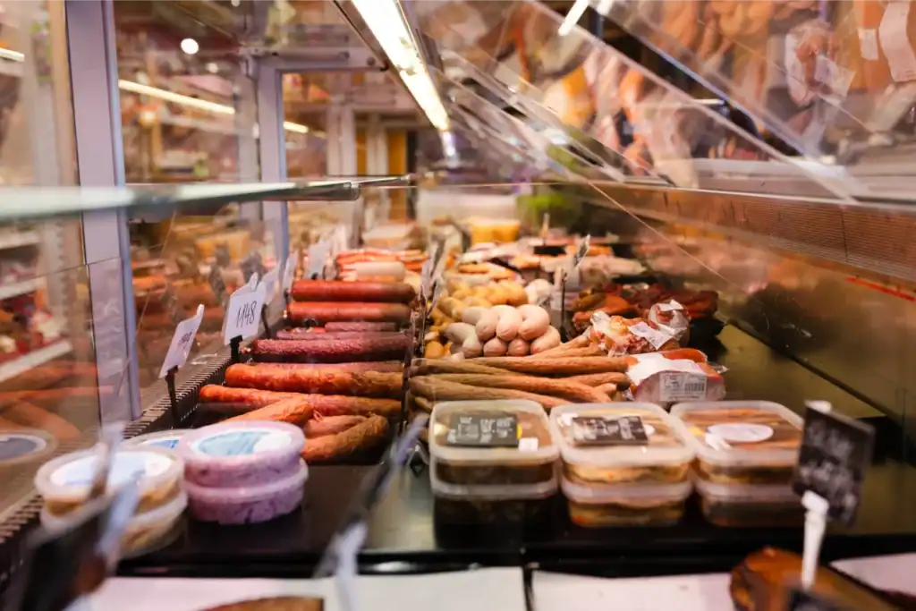Ramkalni meat and sausage products in the shop window, fresh and quality products, wide choice.