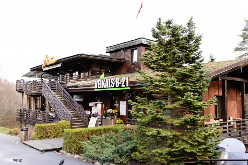 A shop and café building with wooden architecture and a green backdrop.