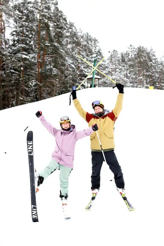 Ski sports in the snow, active winter holidays with friends.