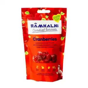 Fresh cranberries in a packet of sweets bearing the Ramkalni brand.