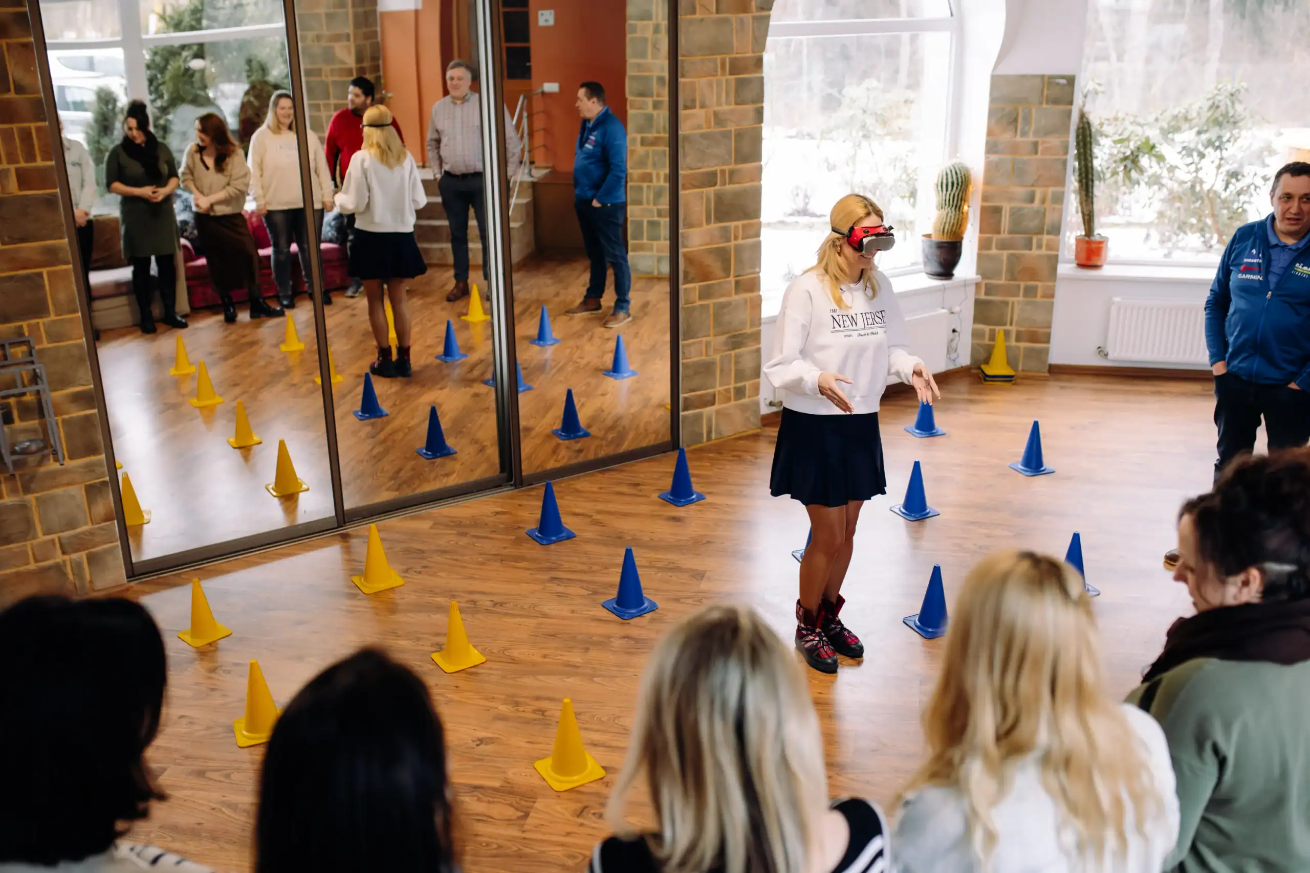 Children play indoor games with colourful cones inside, activities for children.